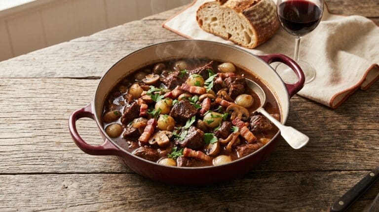 Beef bourguignon the way Julia actually meant it. Food & Drinks recipe photo.