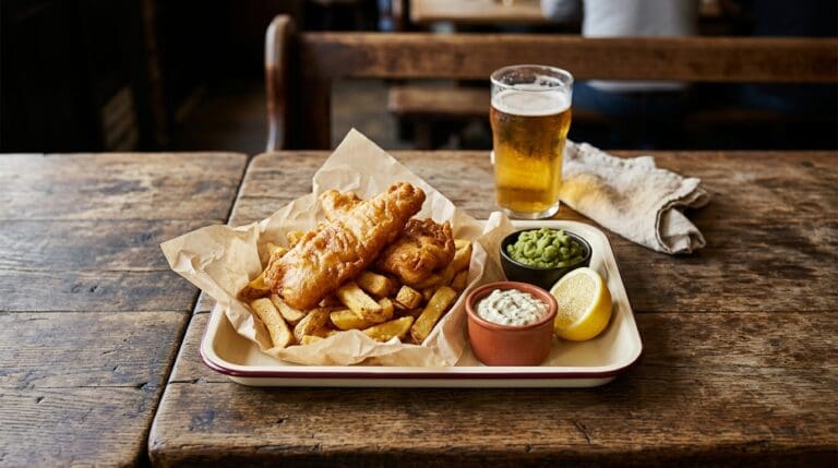 Beer-battered fish and chips at home that beats the takeaway. Food & Drinks recipe photo.