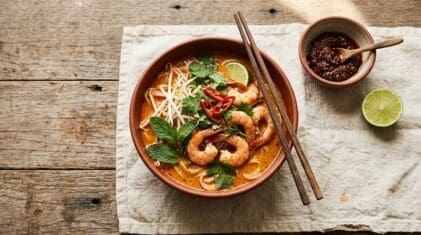Prawn laksa with coconut and lime. Food & Drinks recipe photo.