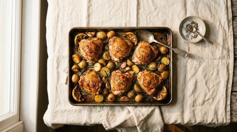 Sheet Pan Rosemary Chicken Thighs with Roast Potatoes