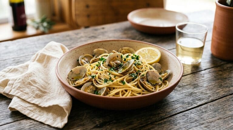 Spaghetti vongole with white wine and chilli. Food & Drinks recipe photo.