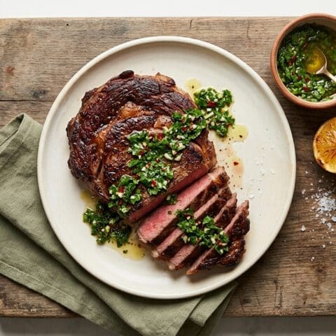 Rib-eye steak with proper chimichurri. Food & Drinks recipe photo.