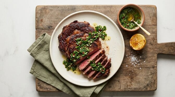 Rib-eye steak with proper chimichurri. Food & Drinks recipe photo.