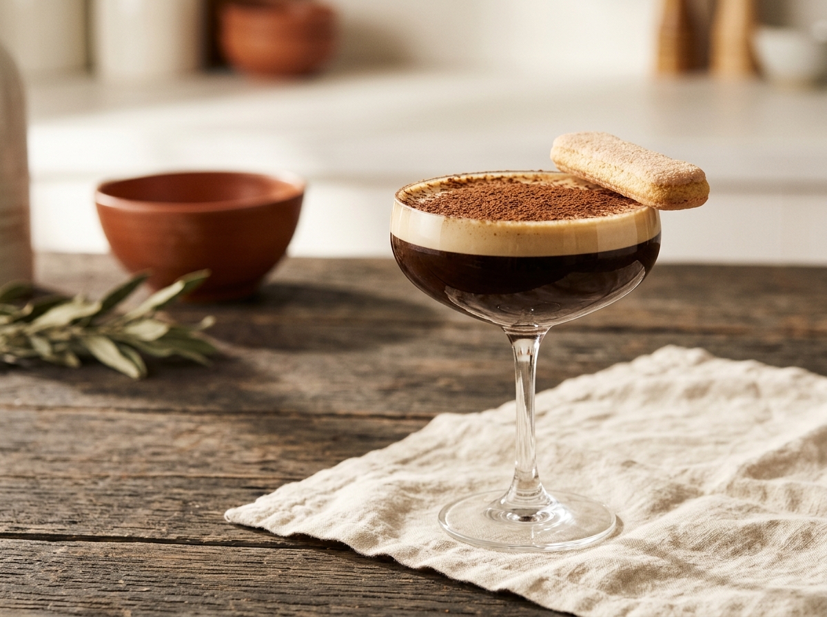 Tiramisu Espresso Martini cocktail variation of Espresso Martini. Food & Drinks recipe photo.