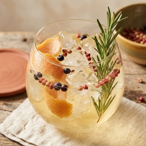 Spanish-style G&T cocktail variation of Gin and Tonic. Food & Drinks recipe photo.