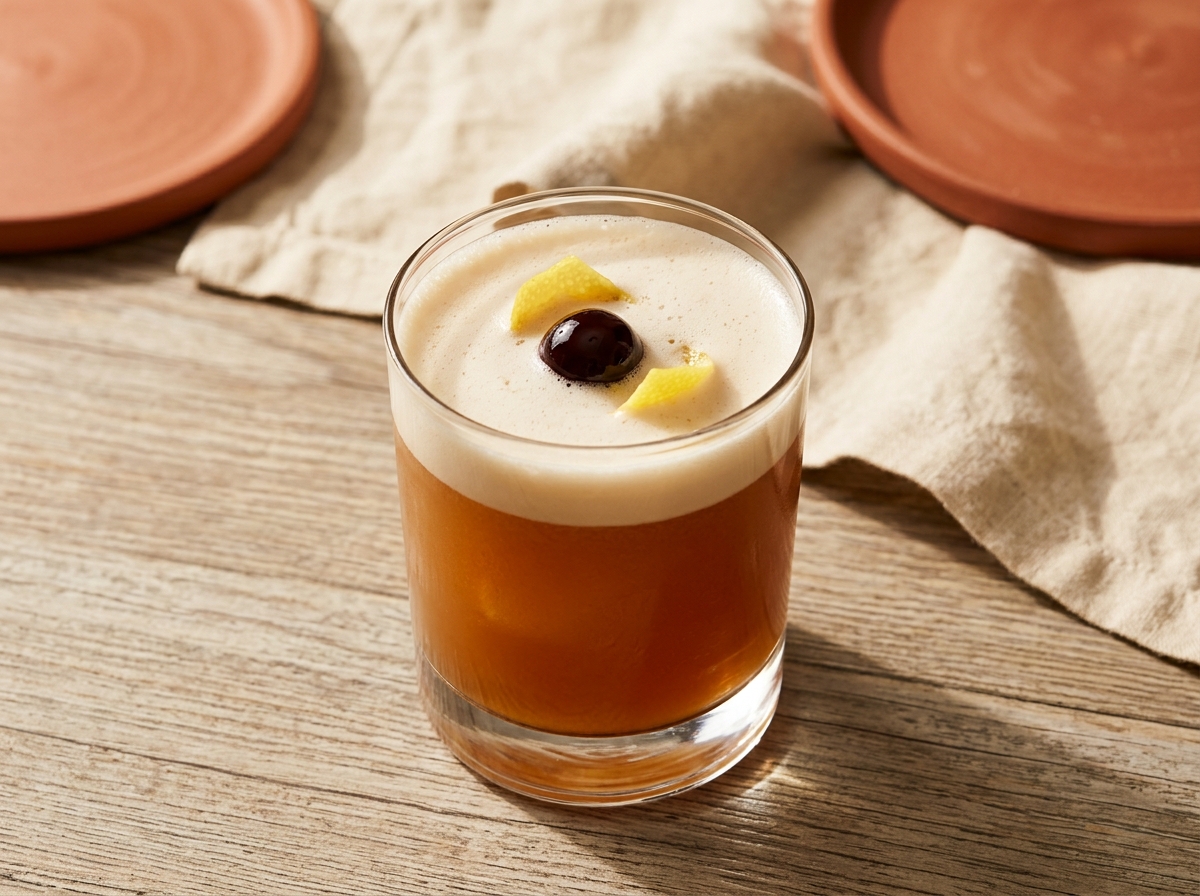 Amaretto Sour cocktail variation of Whisky Sour. Food & Drinks recipe photo.