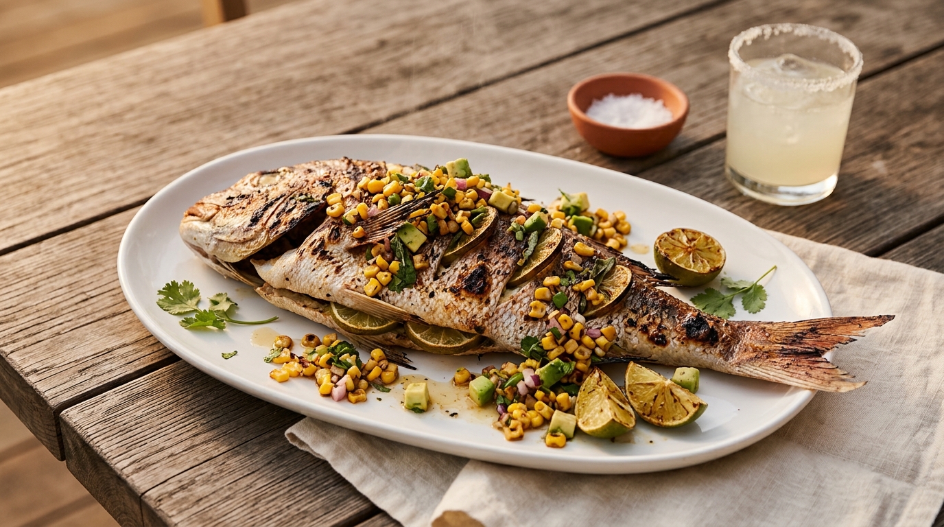 Grilled snapper, charred corn salsa